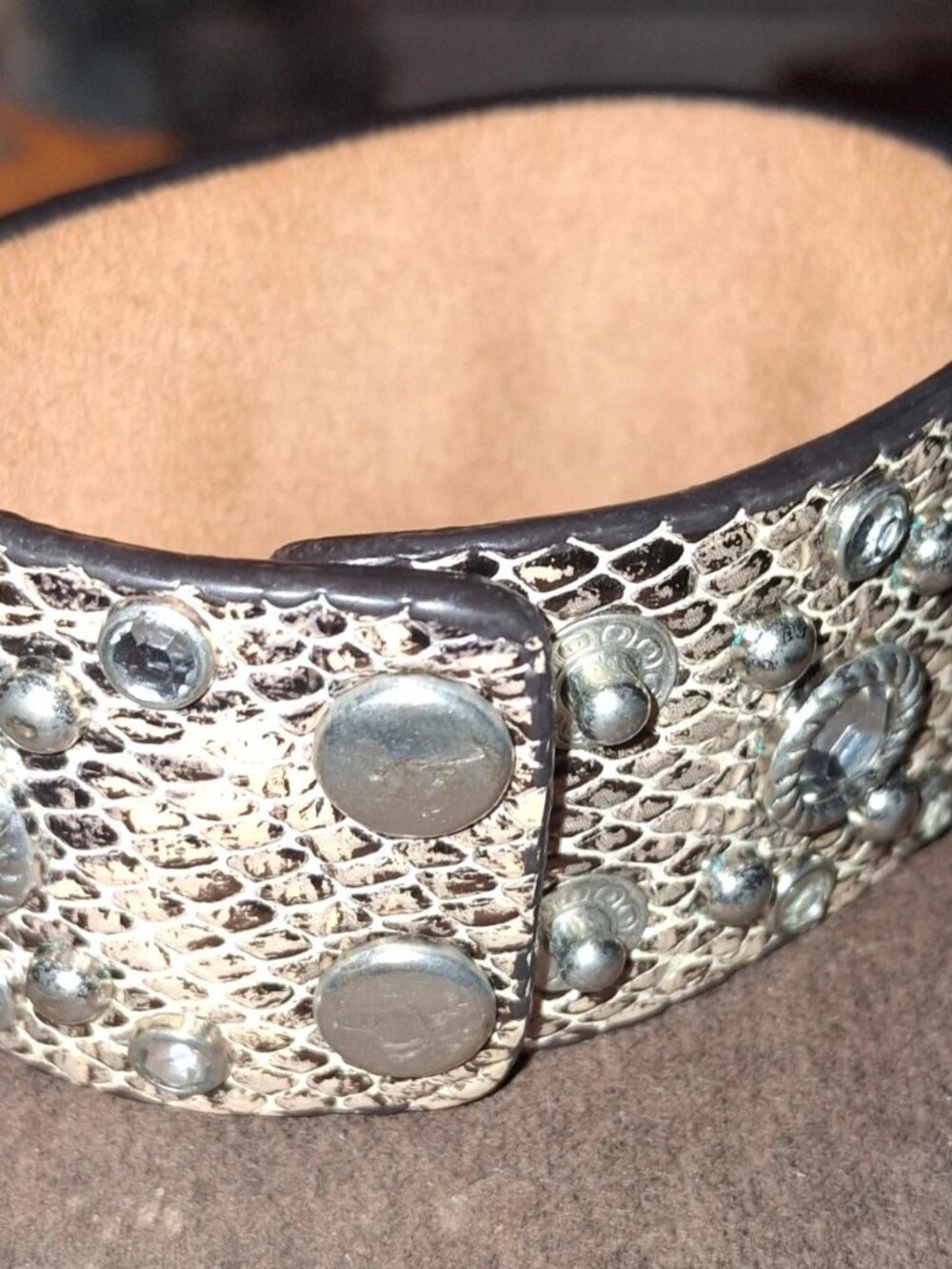 Faux snakeskin studded adjustable wide snap bracelet